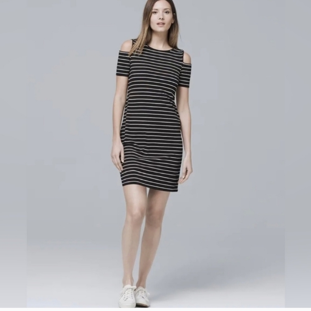 White House Black Market Black/White Striped Cold Shoulder Dress Size S